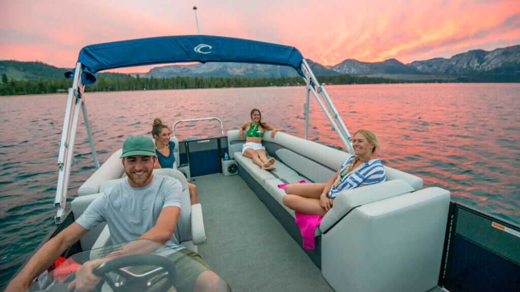 Pontoon Boat on Lake Tahoe at Sunset
